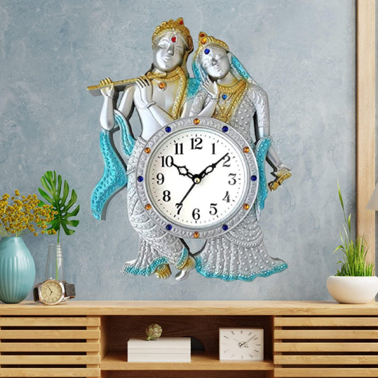 Webelkart Premium Radhe Krishna Playing Flute Unique Style Plastic Analog Wall Clock for Home and Office Decor| Wall Clock for Living Room( 13 in, Silver)