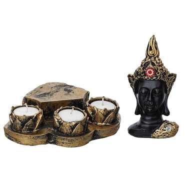 Webelkart Polyresin Buddha Tealight Candle Holder with Free 3 Tealights Candles| tealight Candle Holder for Home and Office Decor Gifts Items Pooja Room( Gold, 7Inch)