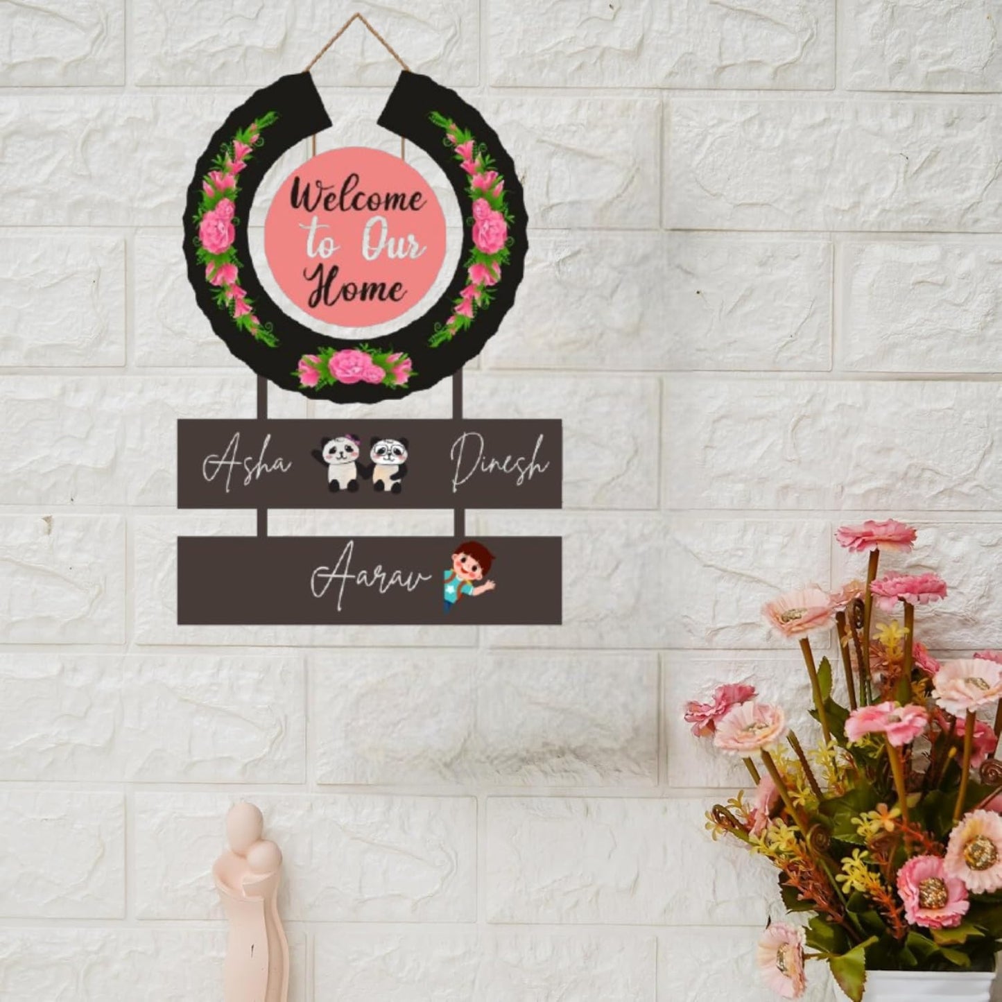 Webelkart Wooden Round Welcome To Our Home Customised Wall Hanging Name Plate For Home Entrance outdoor, Wooden Hanging House Name Plate - (16 x 10 Inches)