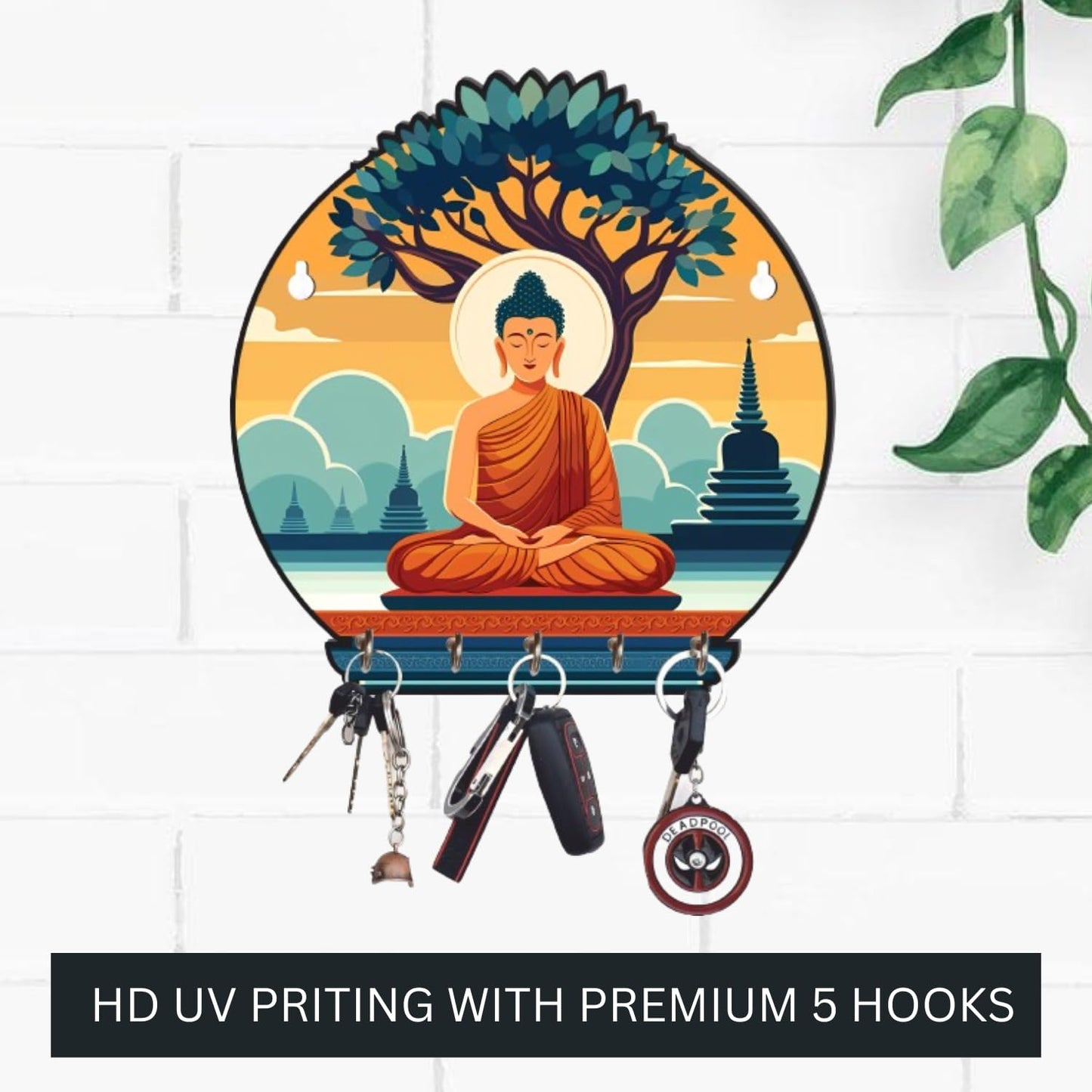 JaipurCrafts Premium Meditating Gautam Buddha Printed Wooden key holder for home and office decor (Multi, 10 inches)