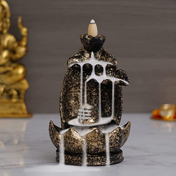 Webelkart Polyresin Shivling Backflow Smoke Incense Holder/Smoke Fountain for Home with Free10 Scented Incense Cones| Shiva Smoke Fountain | Shivling for Home Puja (Black,Gold 7 Inches)