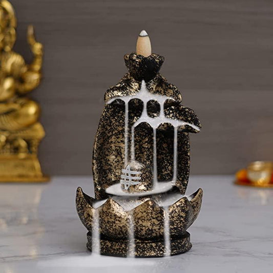 Webelkart Polyresin Shivling Backflow Smoke Incense Holder/Smoke Fountain for Home with Free10 Scented Incense Cones| Shiva Smoke Fountain | Shivling for Home Puja (Black,Gold 7 Inches)