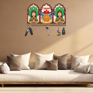 Webelkart Premium HD UV Rajasthani Print Wooden Key Holder for Home/Office Decor-Keychain Holder for Wall Decor, Wall Decor Key Holder,Home Decor Item (12x 8 Inches)