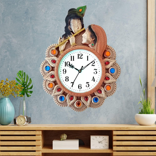 Webelkart Premium Radhe Krishna Playing Flute Unique Style Plastic Analog Wall Clock for Home and Office Decor| Wall Clock for Living Room( 17 in, Pista)
