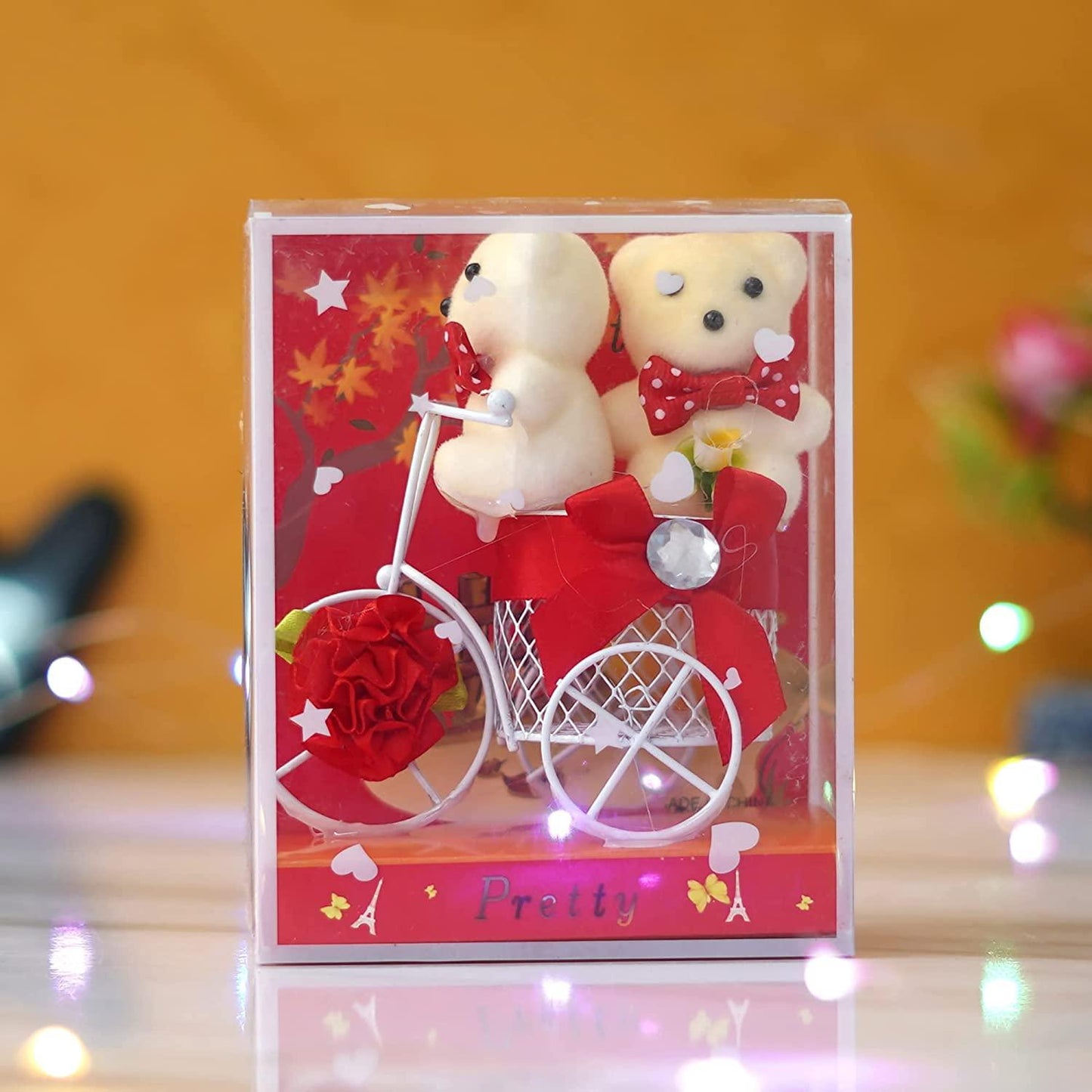 Webelkart®Premium Valentine Heart Shape Box with 3 Pink Roses,1Teddy and 1 Artificial Gold Rose and White Plastic Cycle with Teddy Bear Gift Box (Red) Valentine's Gift for Girlfriend/Boyfriend