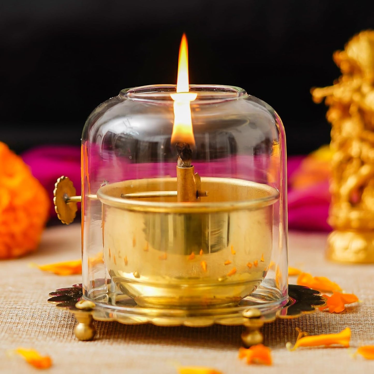 Webelkart Antique Lanterns for Home Decor Akhand Diya with Lifting Screw for Puja Decor|Oil Puja Lamp for Aarti Pooja Article Metal Diya for Diwali ( 3" Inches- Metal )