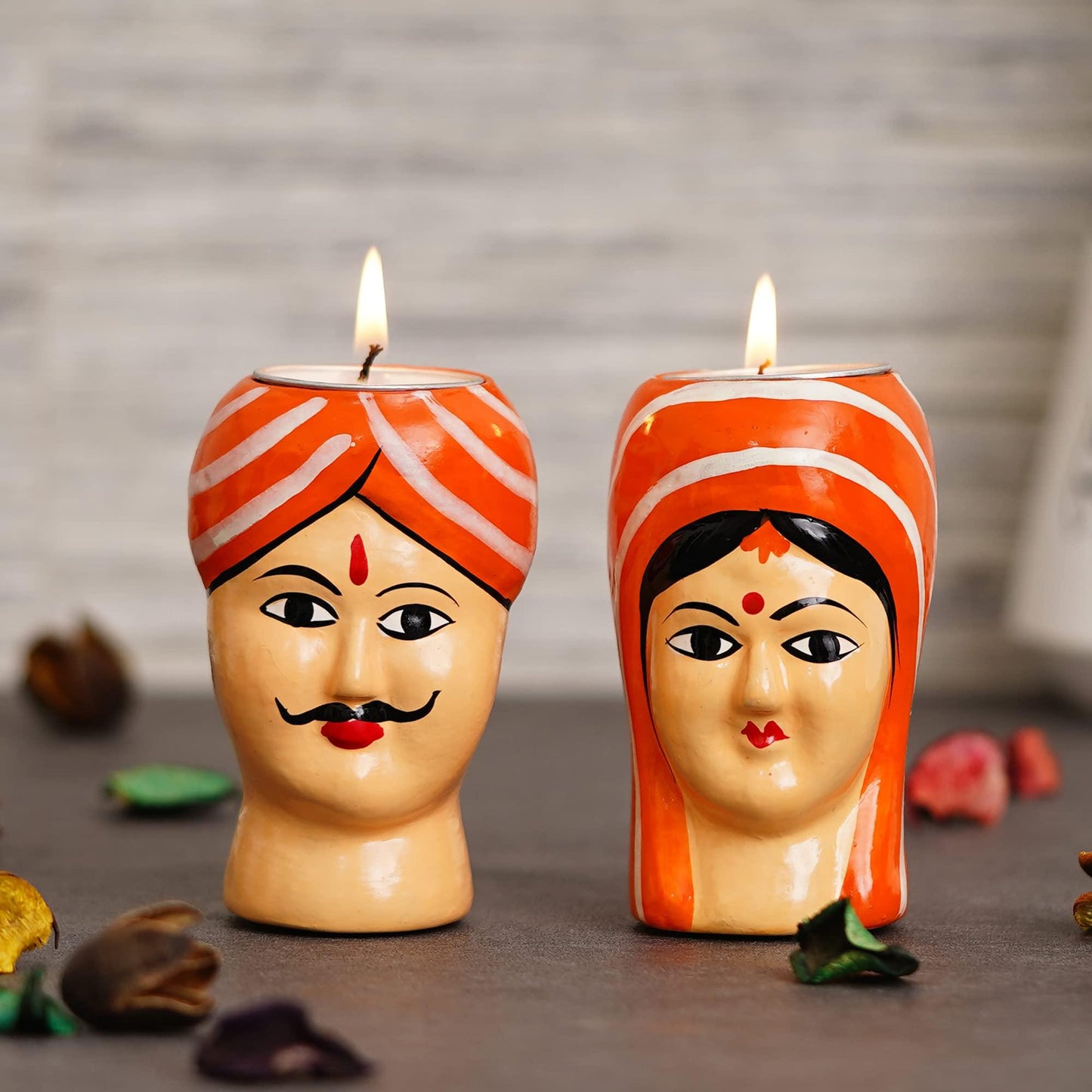 Webelkart Premium Handmade Kaka Kaki Rajasthani Couple Tealight Candle Holder for Home | Kaka kaki face Tealight Holder for Diwali Decoration