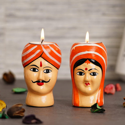 Webelkart Premium Handmade Kaka Kaki Rajasthani Couple Tealight Candle Holder for Home | Kaka kaki face Tealight Holder for Diwali Decoration