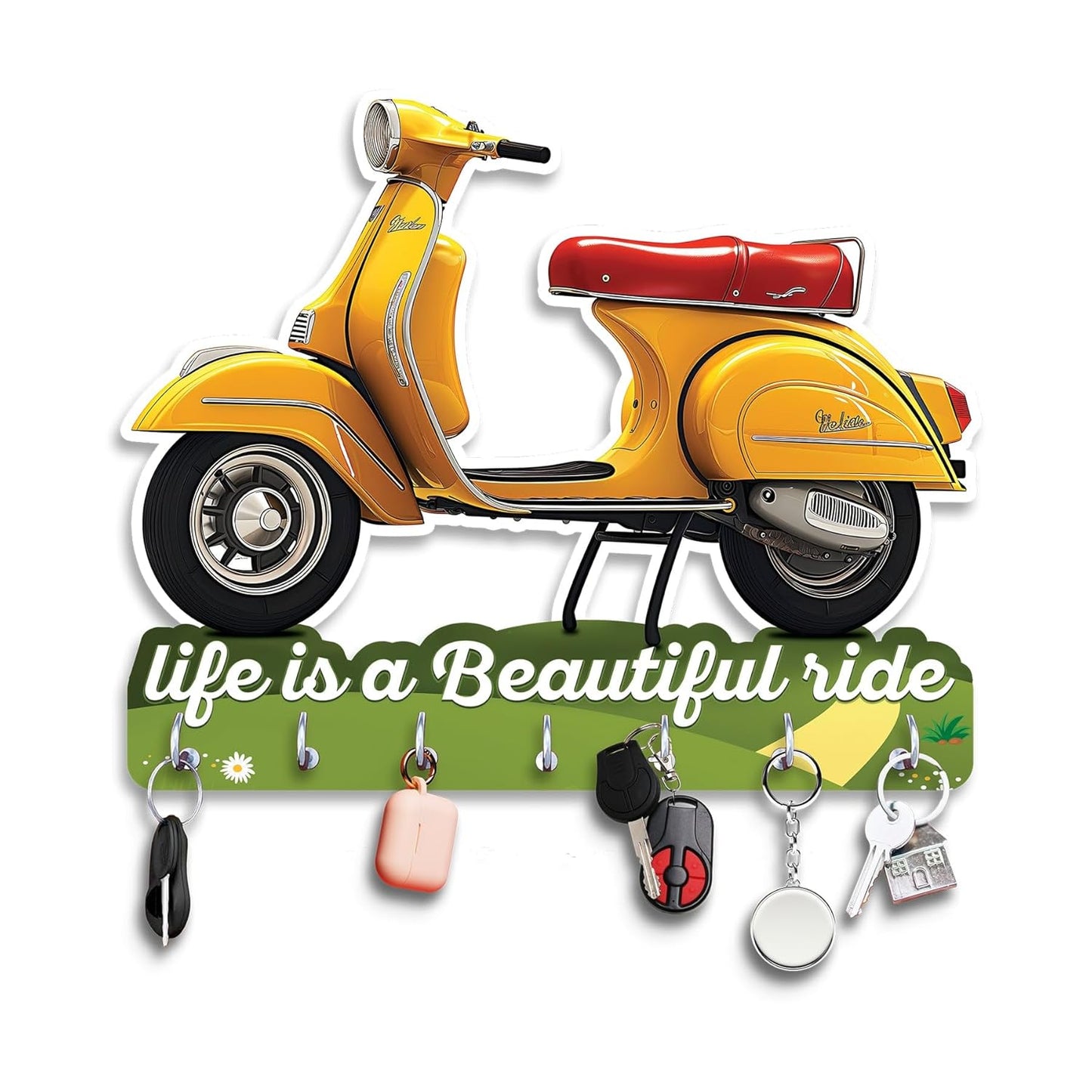 JaipurCrafts Premium Scooter Shape and Life Is A Journey Wooden Printed Key Holder for home and office decor- home decor items for wall (Multi, 10 x 10 inches)