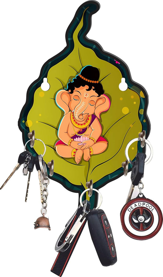 JaipurCrafts Premium Leaf Ganesha Shape Printed Wooden key holder for home and office decor (Multi, 10 inches)