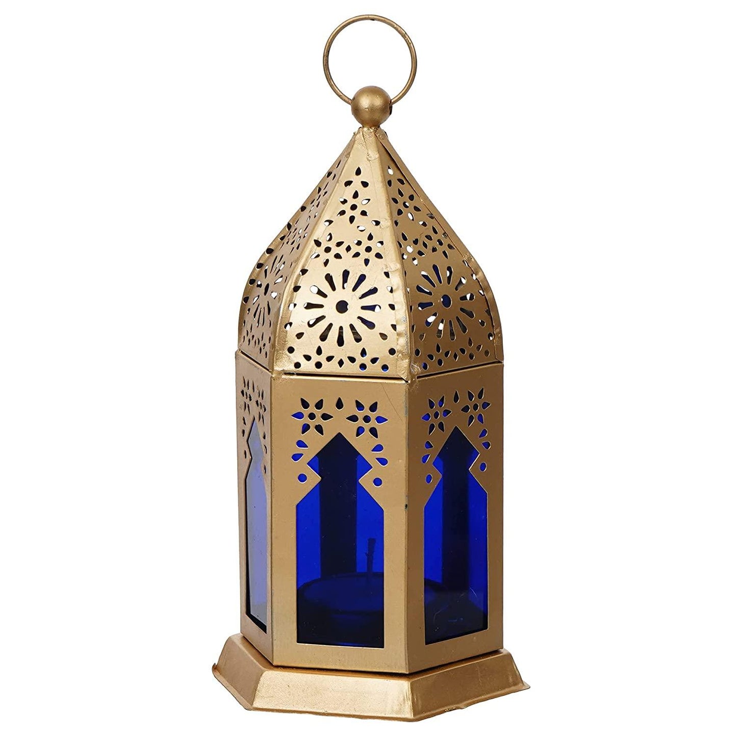 Webelkart Premium Moroccan Gold, Blue Color Metal Iron Lantern Tea Light Holder
