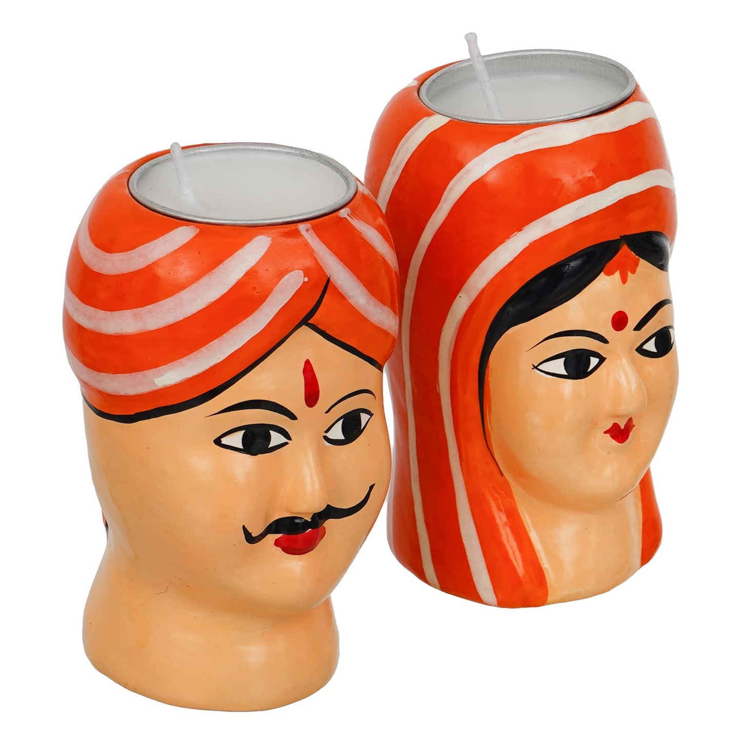 Webelkart Premium Handmade Kaka Kaki Rajasthani Couple Tealight Candle Holder for Home | Kaka kaki face Tealight Holder for Diwali Decoration