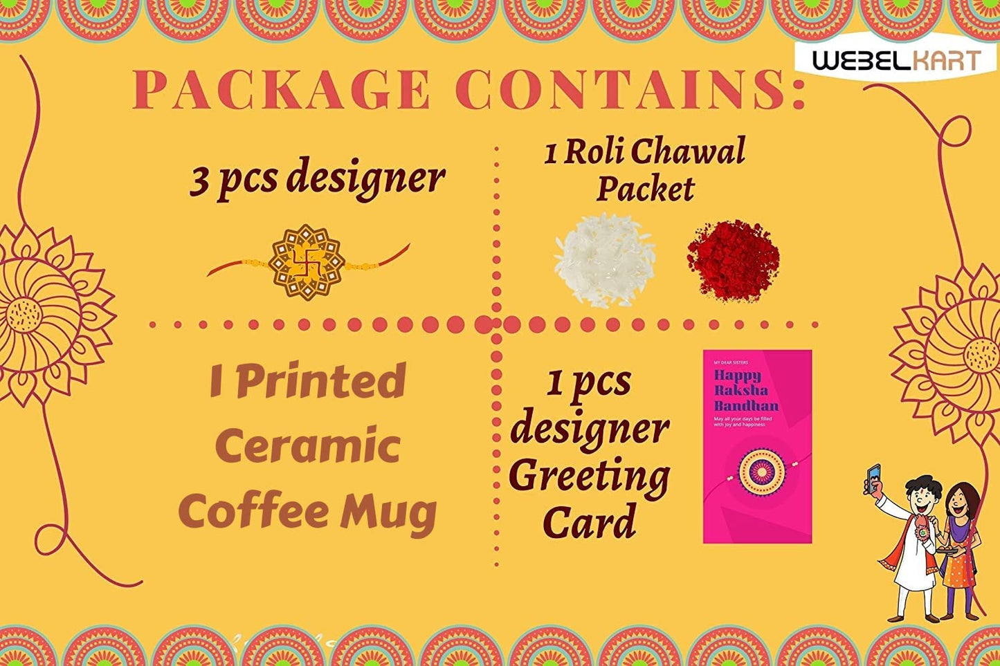 JaipurCrafts Premium Combo of Printed Mug Rakhi Gift for Brother Combo Pack (3 Rakhi for Bhaiya Bhabhi and Kids, 1 Greeting Card, 1 Ceramic Printed Mug, and Roli Chawal)|