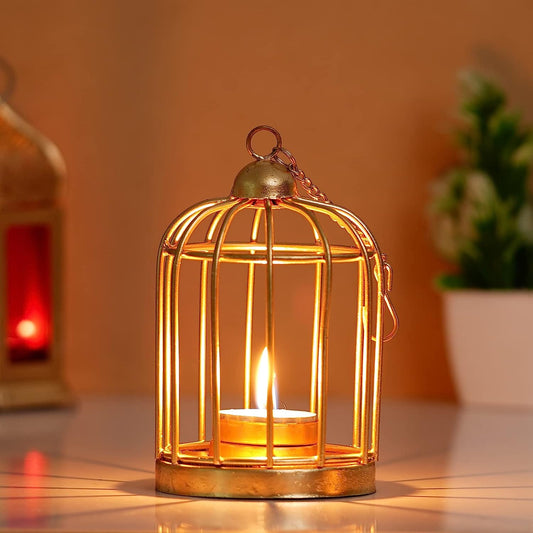 JaipurCrafts Gold Color Metal Iron Bird Cage Tea Light Holder with Diwali Diya Light Free Tealight Candle Holder for Home| Tealight Holder for Home and Diwali Decoration (4 Inches, Gold)