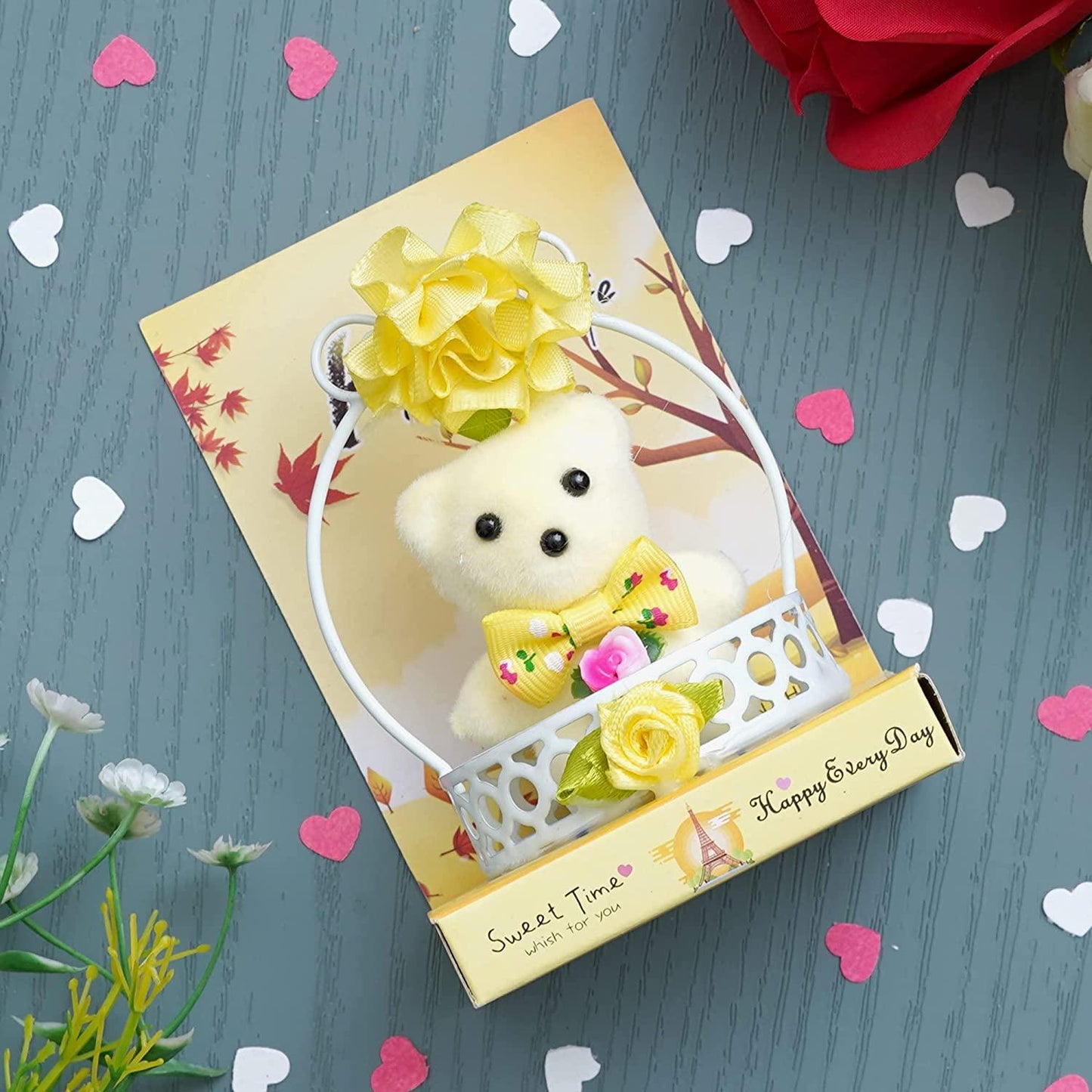 Webelkart®Premium Valentine Heart Shape Box with 3 Pink Roses,1Teddy and 1 Artificial Gold Rose and Cute Little Teddy in Basket Showpiece for Her / Girlfriend / Wife / Fiancee / Valentines Day.