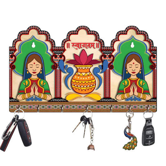 Webelkart Premium HD UV Rajasthani Print Wooden Key Holder for Home/Office Decor-Keychain Holder for Wall Decor, Wall Decor Key Holder,Home Decor Item