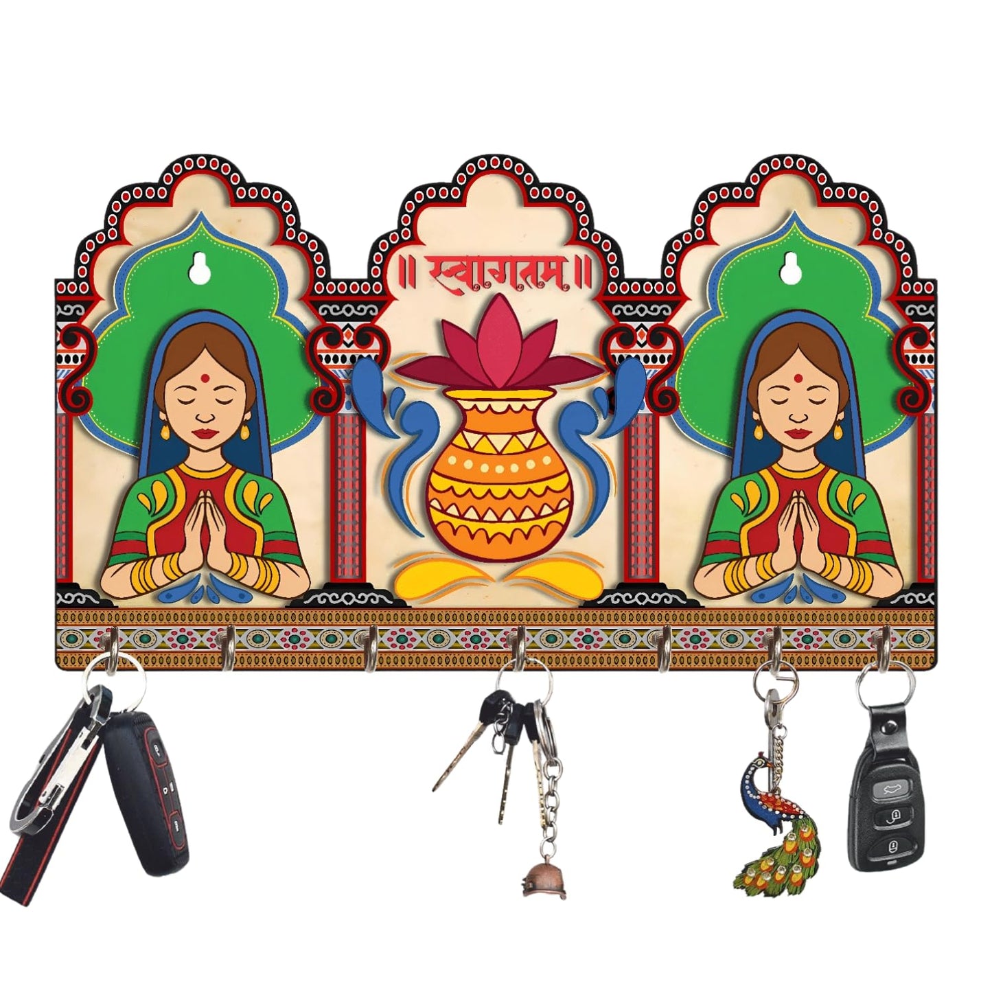 Webelkart Premium HD UV Rajasthani Print Wooden Key Holder for Home/Office Decor-Keychain Holder for Wall Decor, Wall Decor Key Holder,Home Decor Item (12x 8 Inches)