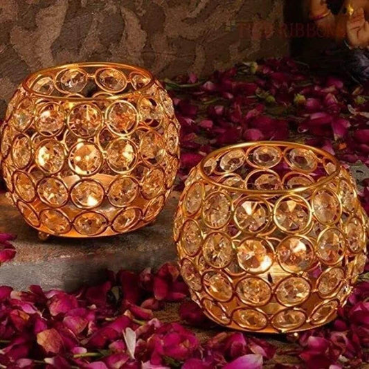 JaipurCrafts  Premium Set of 2 Votives Bowl Crystal Tea Light Candle Holder for Diwali Decor |TeaLight Candle Holders for Home Decor Diwali Gift Item (3" Inches Set of 2 Gold)