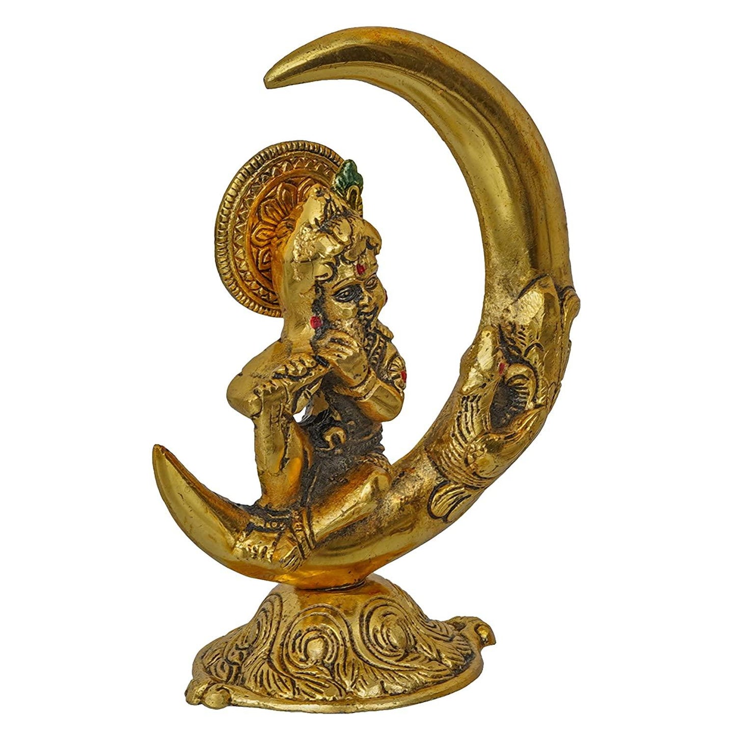 Webelkart Premium Handicrafted Gold Plated Metal Lord Krishna Sitting On Moon Playing Bansuri Idol for Home and Puja (6 Inches, Gold)