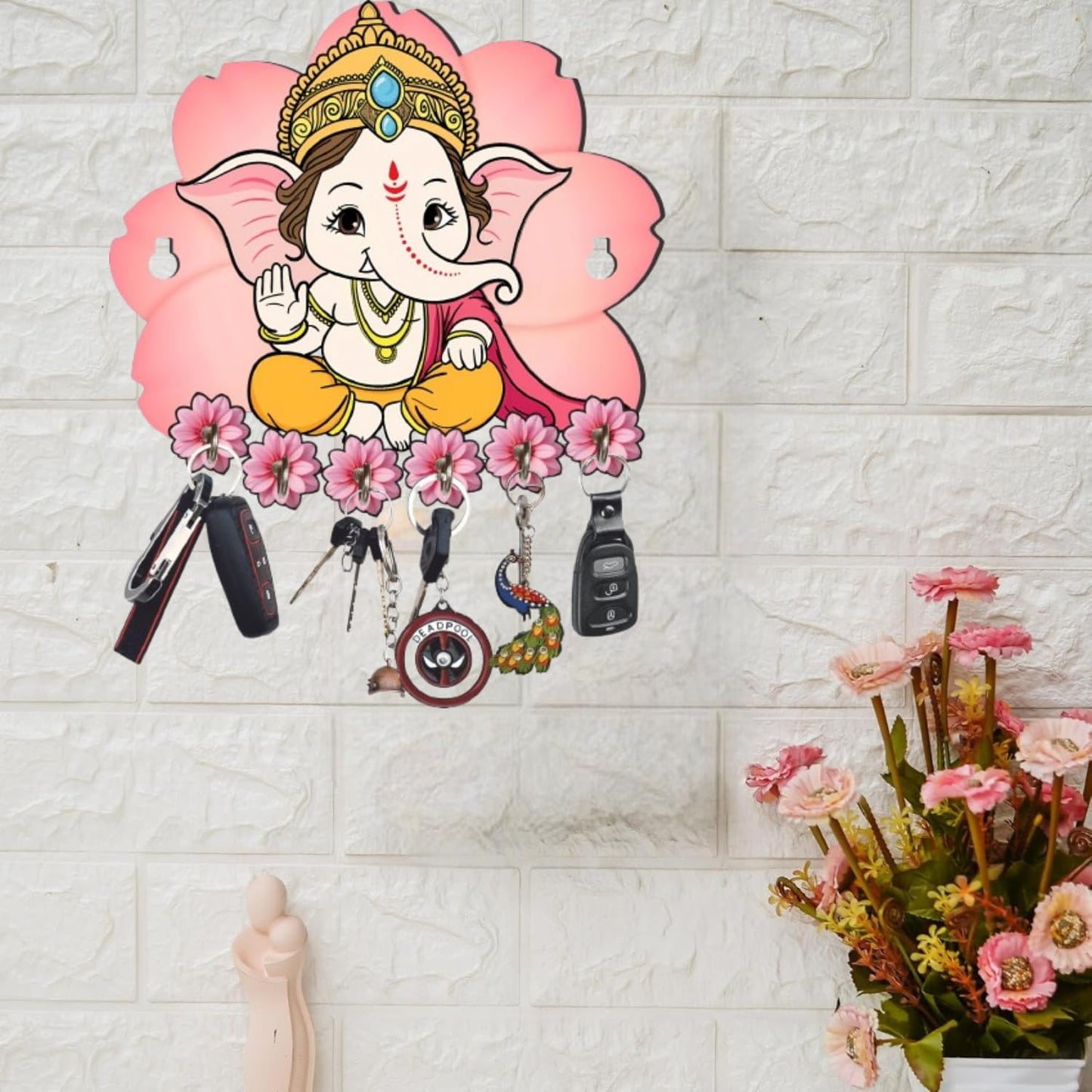 Webelkart Premium Printed Wooden Cute Ganesha Key Holder for Home/Office Decor, Key Hanger for Wall Decor. (10" Inches)
