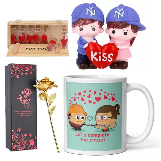 Webelkart®️ Valentine's Gift Combo of Lets Complete The Circuit Coffee Mug with 1 Golden Rose with Gift Box and 1 Couple Showpiece and 1 Massage Bottle Set