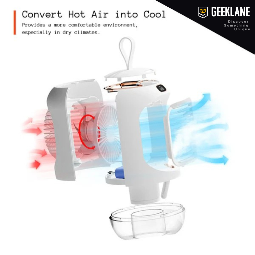 CoolMate: Premium Quality Portable Cooling Fan & Humidifier, 3 Speeds, 280ml Mist, Night Light, 90° Rotation, USB Rechargeable (3600mAh) for Personal Cooling.