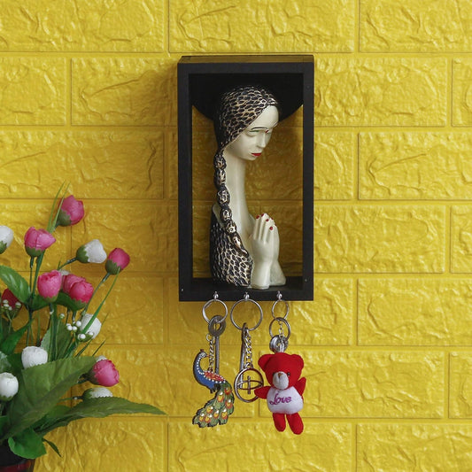 JaipurCrafts Beautiful Welcome Lady statue Showpiece Figurine with Wooden Shelf and Key Hanger for Home| Key Holder for Home and Office Decor (9.50" X 4.00" X 5.00") (Gold & White, Polyresine, Wood- welcome lady statue online
