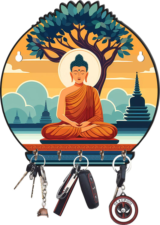 JaipurCrafts Premium Meditating Gautam Buddha Printed Wooden key holder for home and office decor (Multi, 10 inches)