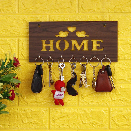 Webelkart Premium Two Birds Wooden Key Holder (29 cm x 13.5 cm x 0.4 cm, Brown)- 7 Hooks