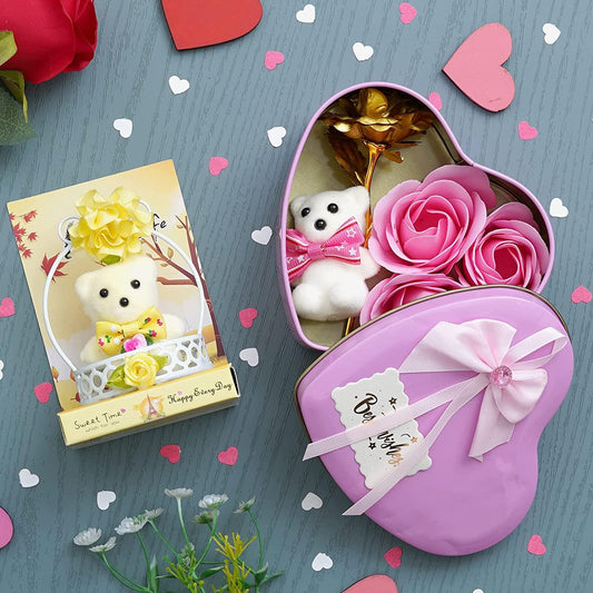 Webelkart®Premium Valentine Heart Shape Box with 3 Pink Roses,1Teddy and 1 Artificial Gold Rose and Cute Little Teddy in Basket Showpiece for Her / Girlfriend / Wife / Fiancee / Valentines Day.