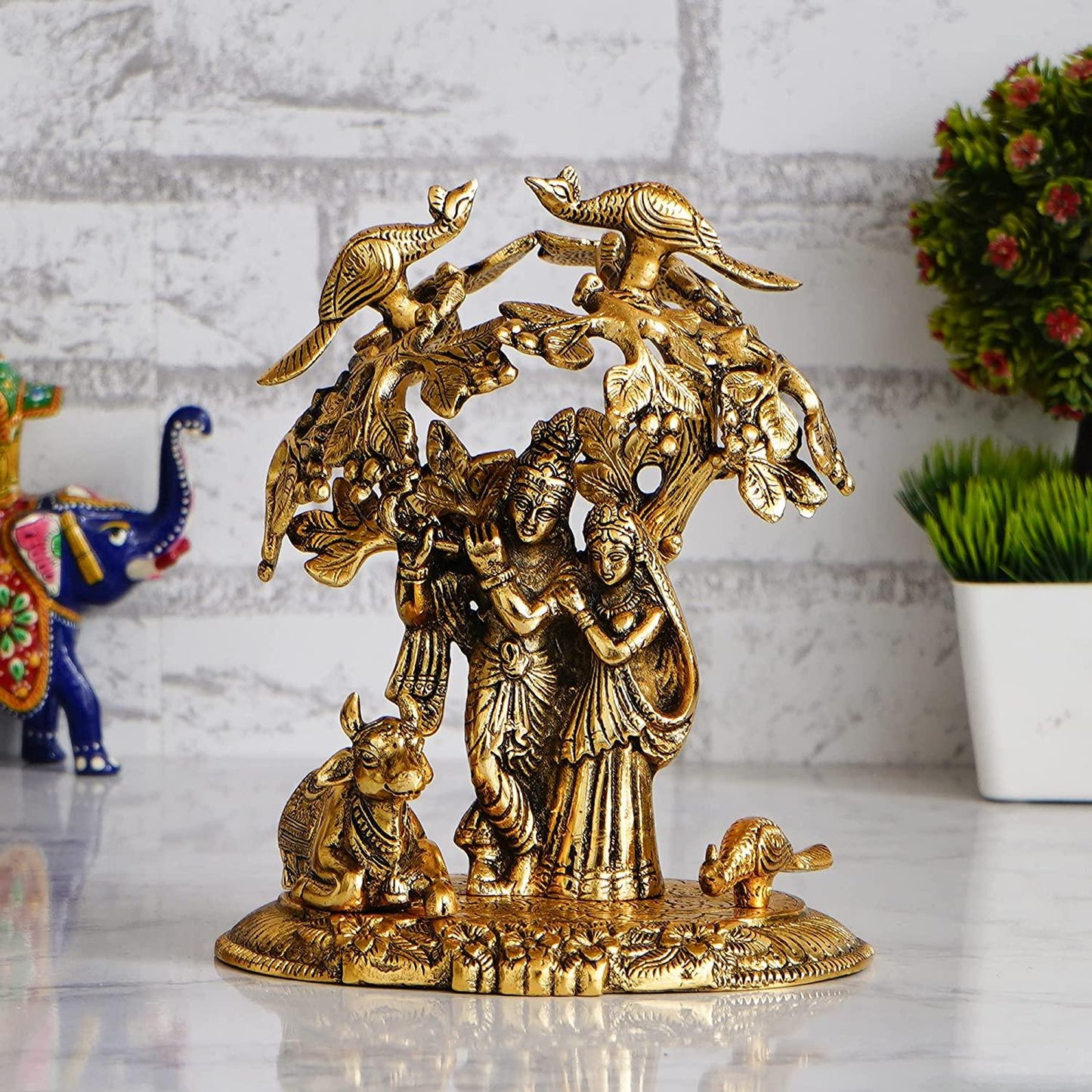 JaipurCrafts Premium Radha Krishna & Kamdhenu Cow Kalpvriksha Tree Showpiece - 22 cm (Aluminum, Golden)