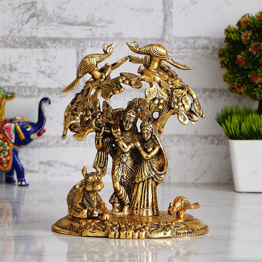 JaipurCrafts Premium Radha Krishna & Kamdhenu Cow Kalpvriksha Tree Showpiece - 22 cm (Aluminum, Golden)