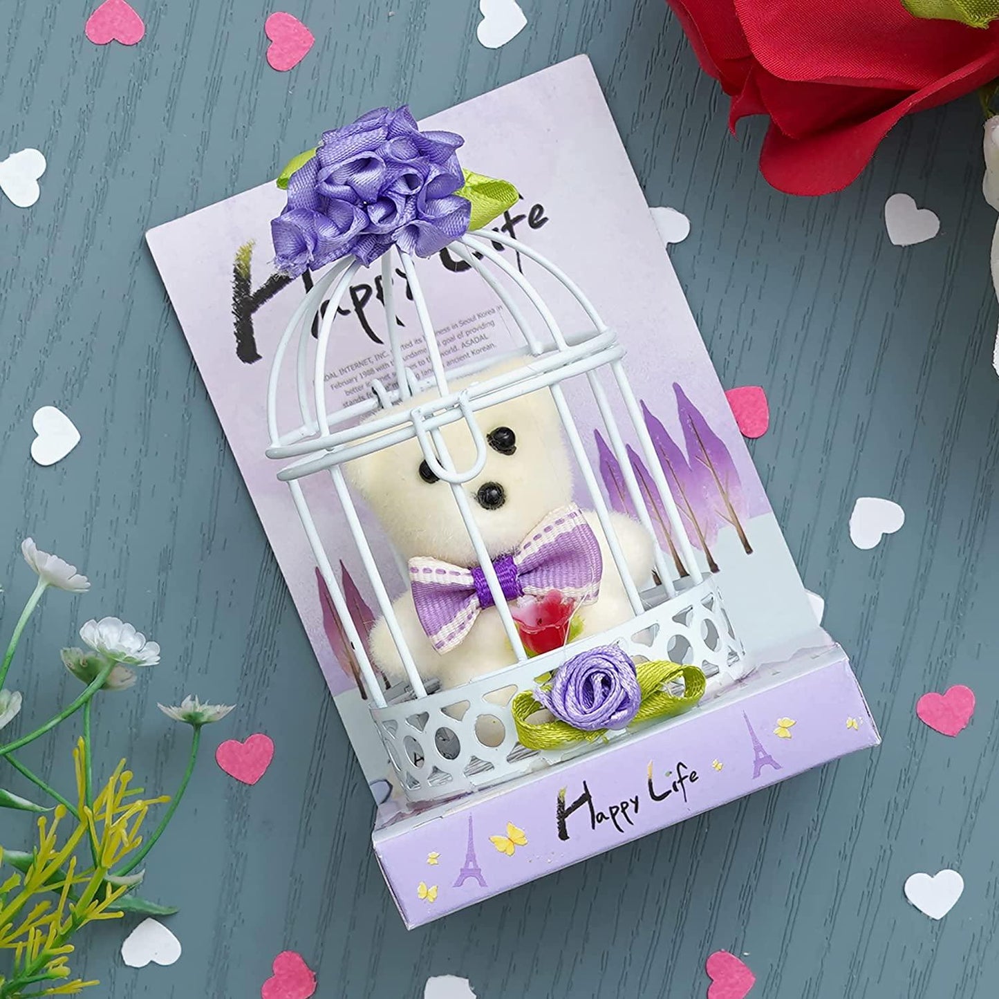 Webelkart®️ Premium Cute Little Teddy Sitting in Plastic Cage Showpiece for Her / Girlfriend / Wife / Fiancee / Valentines Day (Blue)