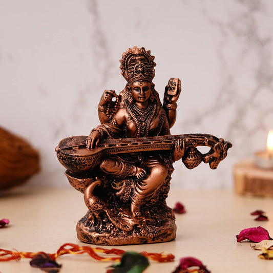 Webelkart Premium Saraswati Playing Veena Polyresin Showpiece for Home and Office Decor-Goddess Saraswati Showpiece| Saraswati Idol Statue for Home ( 7 x 6 x 2.5 Inches)