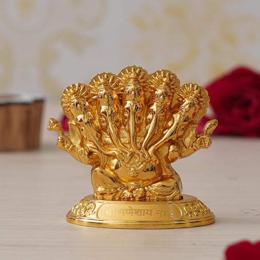 JaipurCrafts Premium Panchmukhi Metal Ganesha Idol Statue Showpiece for Car Dashboard, Home Temple and Office Decor |(2.5 x 1.77 x 2.56 Inches) Gold