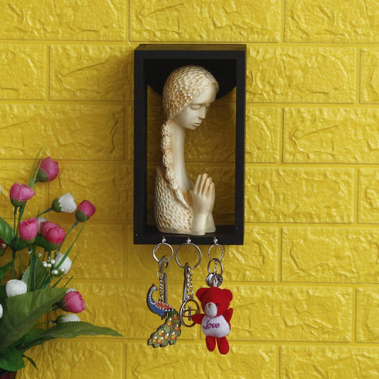Webelkart Premium Welcome Lady Showpiece with Wooden Shelf and Key Hanger| Wooden Key Hanger for Home| Key Holder for Home and Office Decor ((9.50" X 4.00" X 5.00") (Cream, Polyresine, Wood