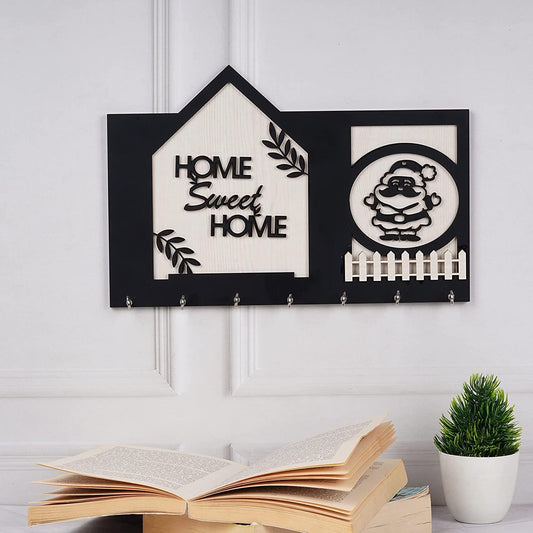 Webelkart Premium Home Sweet Home with Santa Claus Wood Key Holder for Home,Christmas Decoration and Gift Items for Home Decor ( 12 x 8, 7 Hooks)