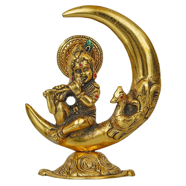 Webelkart Premium Handicrafted Gold Plated Metal Lord Krishna Sitting On Moon Playing Bansuri Idol for Home and Puja (6 Inches, Gold)