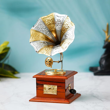 JaipurCrafts Premium Rajasthani Antique Vintage Sparkle Square Brass Gramophone Showpiece for Home Decor |Gift Item for Home and Living Room - Table Decor Item (9.5" Inches)