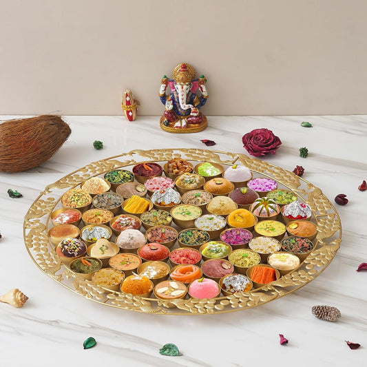 Webelkart Premium Gold Polish Peacock Designer Chappan Bhog Thali/Decorative Poojan Thali for Temple and Pooja Room Decor- Traditional Pooja Thali,56 Bhog Thali for laddu Gopal (20 Inches)
