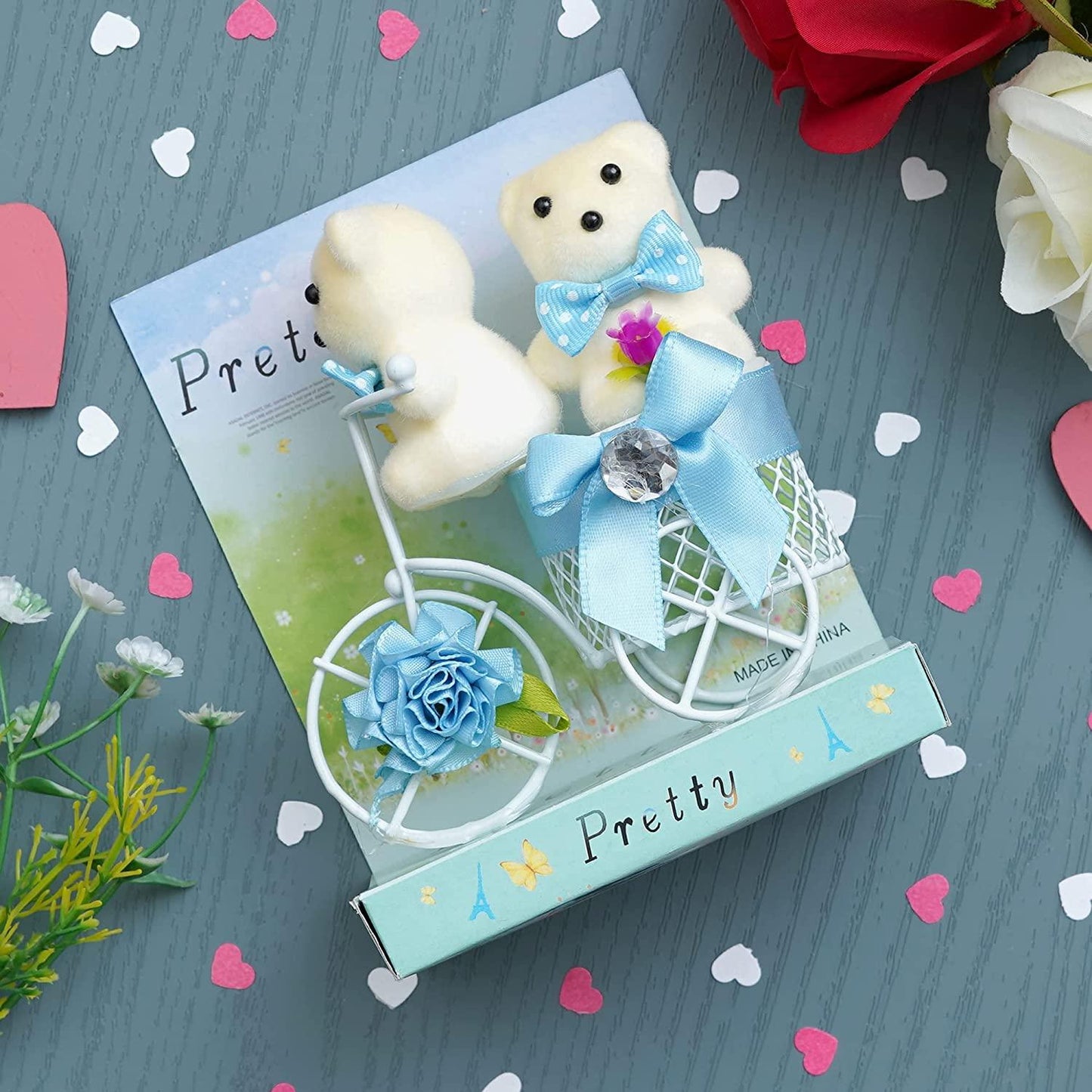 Webelkart®Premium Valentine Heart Shape Box with 3 Pink Roses,1Teddy and 1 Artificial Gold Rose and White Plastic Cycle with Teddy Bear and Rose Petals Gift Box (Sky Blue) for Valentine's Gift