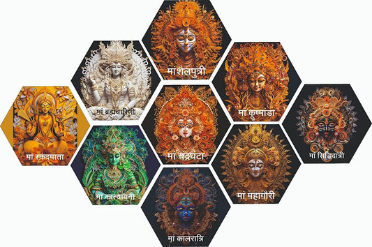 JaipurCrafts Premium Set of 9 Hexagonal Wooden Navdurga Mata Art Prints For Home Decor, Wooden Wall Paintings For Home And Living Room Decorations - Nav Durga/Navratri Mata Wooden Wall paintings