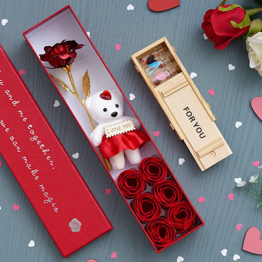 Webelkart®️ Premium Valentine Gift Combo of Rose Box with 24k Red Golden Rose with 1 Love Massage Letter Glass Bottle-Pack of 7