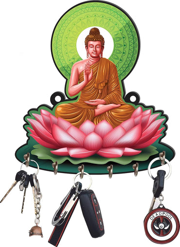 JaipurCrafts Premium Sitting Medidating Gautam Buddha Printed Wooden key holder for home and Office Decor (Multi, 9.5 inches)