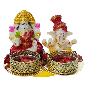 Webelkart Premium Laxmi Ganesha Idol on Decorative Handcrafted Tealight Holder for Home Decorative Showpiece - 3 Inch (Poly-Resin, Multi Color)