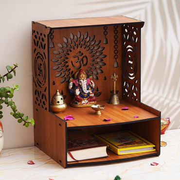 JaipurCrafts Premium OM Wooden Temple Beautiful MDF Wooden Temple/Pooja Mandir for Home and Office/Wall Mounted Temple Home Decor Temple (15.35" Inches) Brown