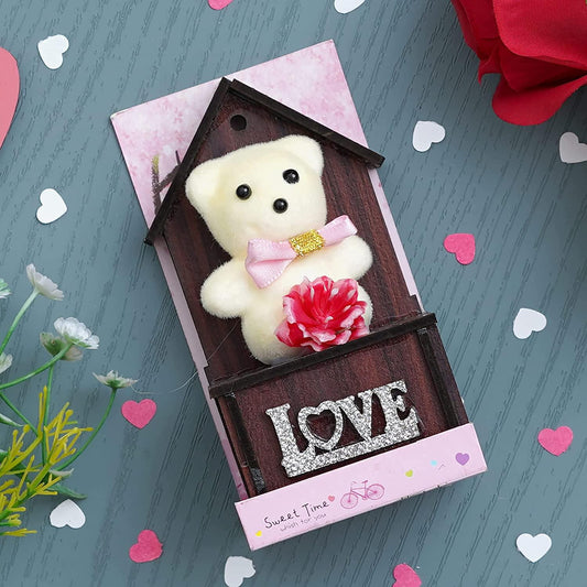 Webelkart® Premium Love Teddy Bear On Wood Stand Gift Box- Valentine Gift for Girlfriend/Boyfriend-Valentine Gift for Couples