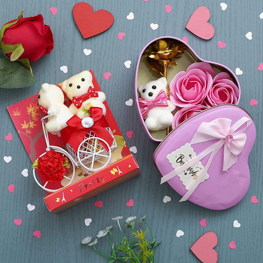 Webelkart®Premium Valentine Heart Shape Box with 3 Pink Roses,1Teddy and 1 Artificial Gold Rose and White Plastic Cycle with Teddy Bear Gift Box (Red) Valentine's Gift for Girlfriend/Boyfriend