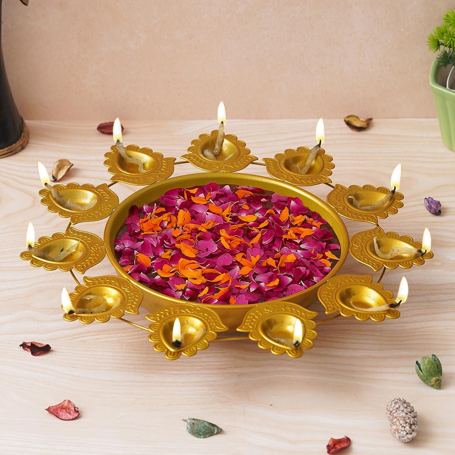 Webelkart Premium Flower Diya Shape Gold Polish Decorative Urli Bowl for Home and Office Decor/Urli tealight Candle Holder/Diwali Decorations Items for Home Decor (14 Inches, Gold)