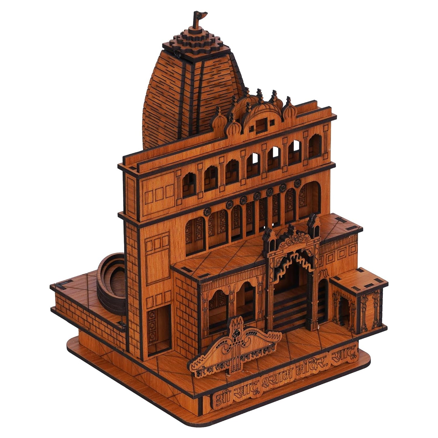 Webelkart Premium Khatu Shyam Ji Wooden Temple for Home Decoration car Dashboard Wooden Temple for Office - Khatu Shyam Mandir Model (8.66" Inches) (Wood Finish)